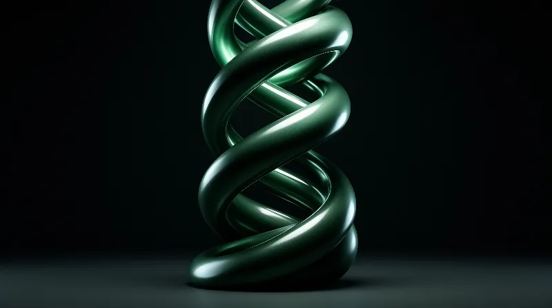A glossy emerald green spiral coil rises against a dark studio backdrop with soft highlights tracing its twisted surface