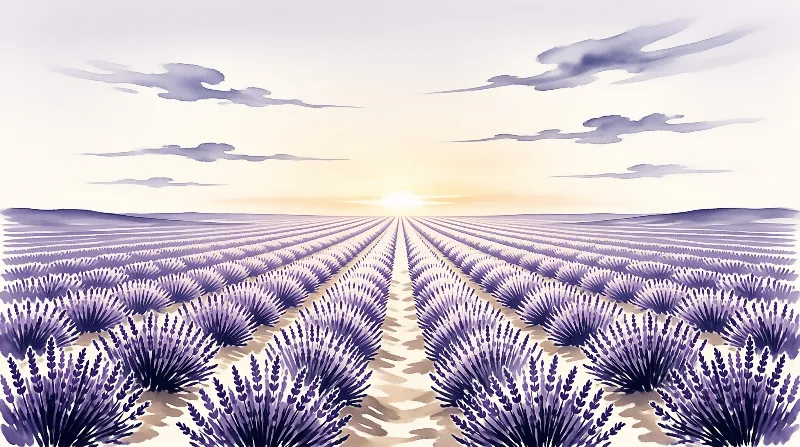 Illustration of lavender rows in a field stretching toward a glowing sun on the horizon beneath scattered clouds.