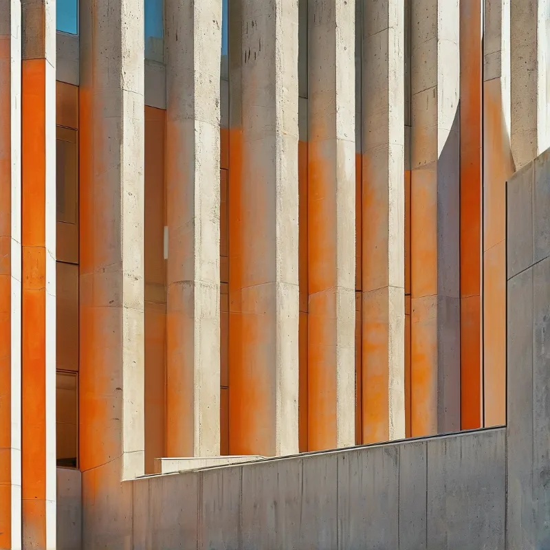 Tall grey concrete columns line a modern building facade with warm orange paneling in bright daytime sunlight.