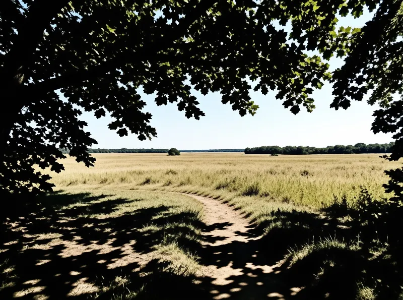 A shadowed foreground frames a sunlit dirt trail winding through tall yellow grass towards a distant tree line.