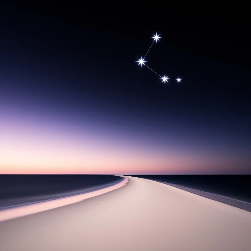 Tranquil shoreline beneath twilight sky with four bright stars forming a connected pattern above the horizon.