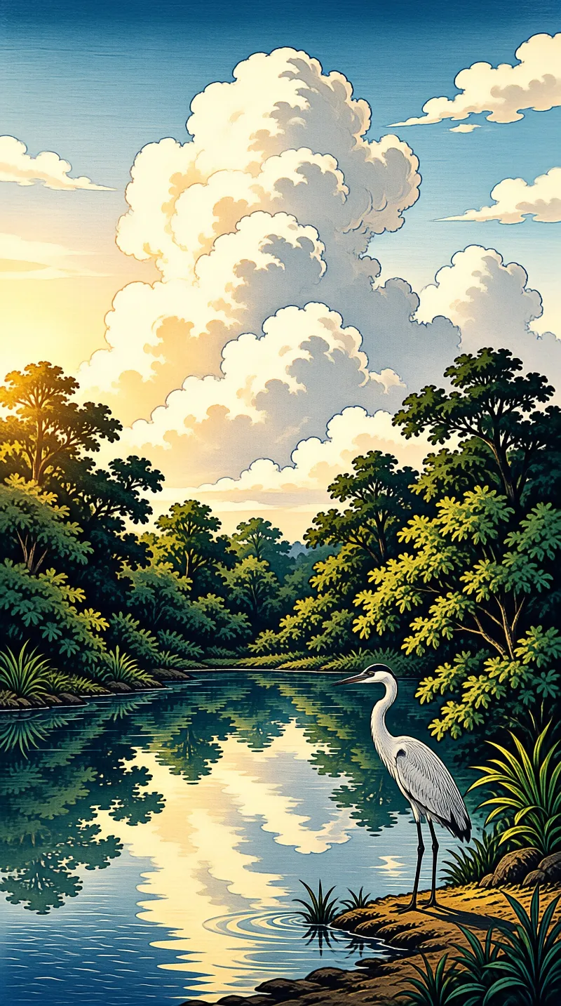 A white heron stands on a rocky riverbank, surrounded by lush green trees and large clouds reflecting in the water.