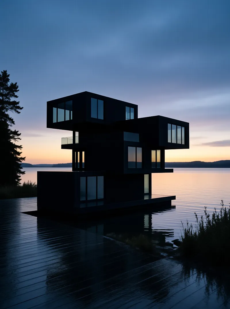 A dark modular residence of cantilevered box volumes stands on a deck over calm water beneath a fading orange sunset band.