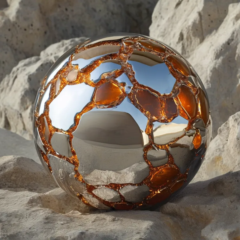A polished chrome ball with amber mosaic patterns sits on light gray rocks reflecting a clear blue sky.