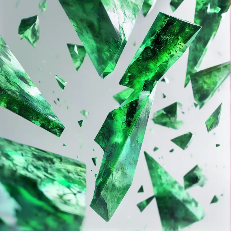 Green glass shards scattered mid-air against a pale background with varied sizes and reflective surfaces.