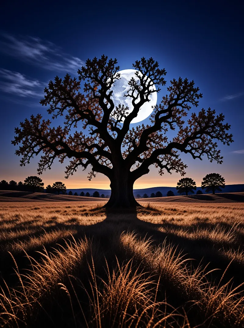A solitary tree stands in a grassy field with a bright moon glowing through its branches during twilight.