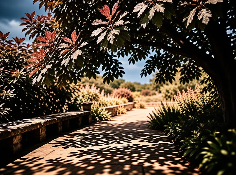 A stone path winds through a lush garden where sunlight creates dappled shadows on the ground beneath tree branches.