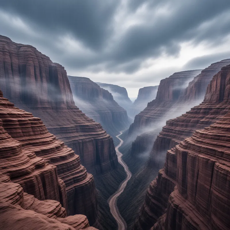 Rust colored cliffs rise on both sides of a deep gorge where a pale river bends toward low mist and storm clouds.