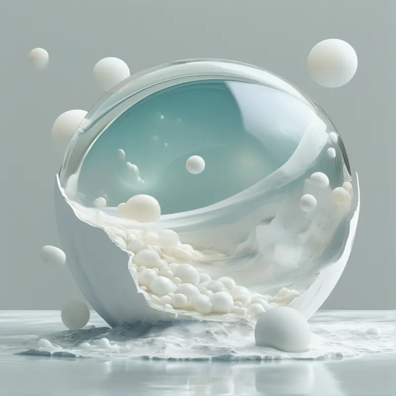 A large clear sphere filled with white spheres resting on a smooth surface with scattered orbs and soft lighting