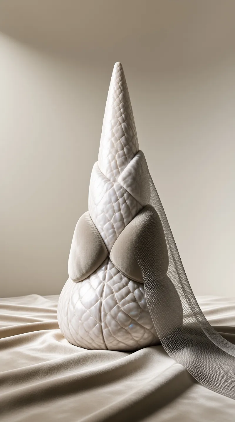A stacked white soft sculpture rests on draped satin cloth, accented by a sheer mesh veil under warm diffused light.