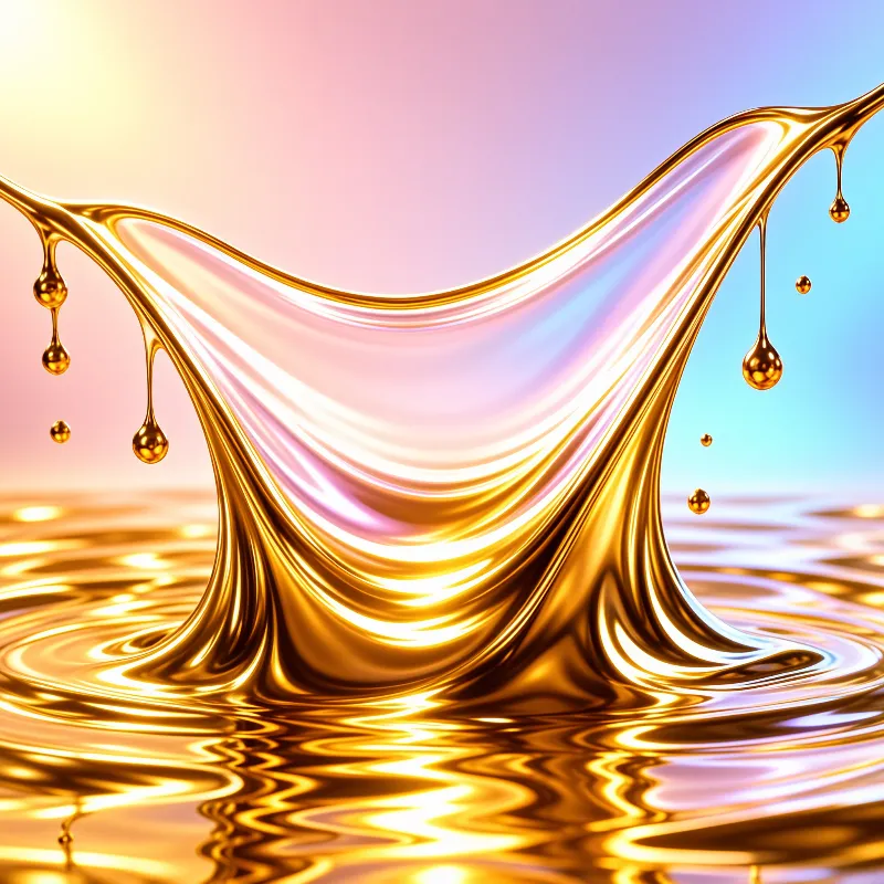 Shiny gold fluid arches across a pink and blue gradient while droplets fall into rippling waves below.