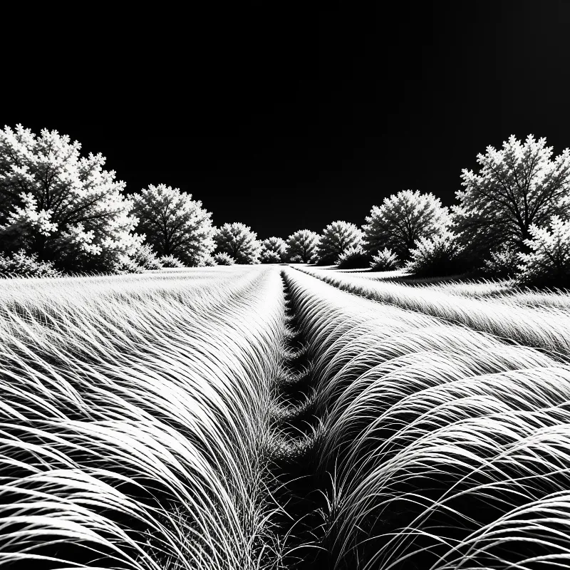 A monochrome landscape captures rippling grain rows receding toward bright white trees under a pitch black sky.