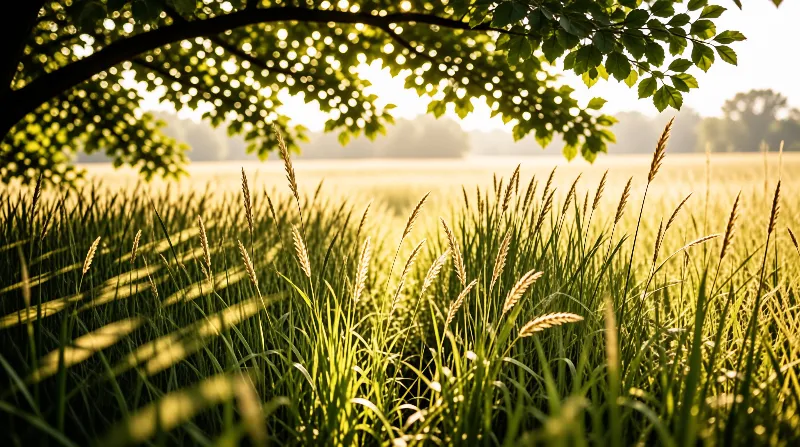Tall grass stalks rise in a meadow beneath overhanging tree branches illuminated by warm afternoon sun.