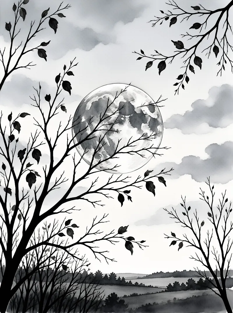 Grayscale artwork shows a large celestial body framed by leafy branches and distant hills.