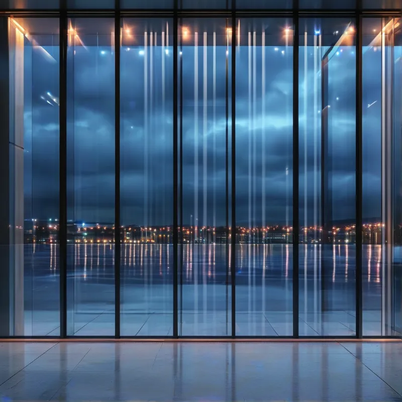 Vertical glass panels show a dark blue night sky and distant urban illumination reflecting on the water.