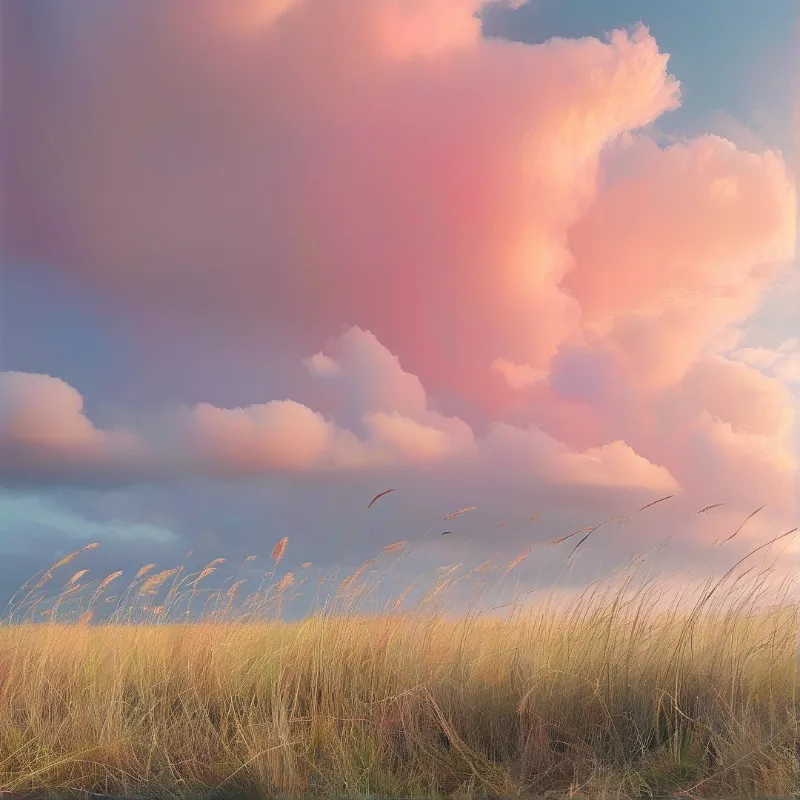 Tall dry grass with feathery seed heads in a field under a sky of large pink and orange clouds at dusk.