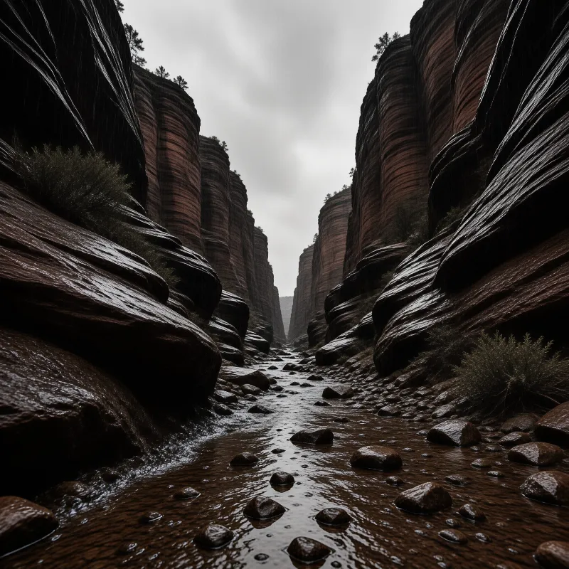 A shallow river winds between steep red rock walls of a narrow canyon under a cloudy sky.