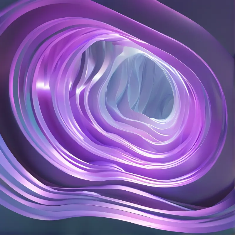 Glossy purple fabric strips spiral inward to form a curving tunnel with bright silvery highlights tracing their soft flowing edges.
