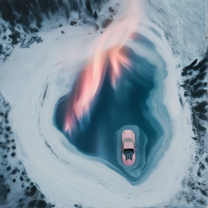 Aerial view of a car on a frozen lake with a glowing pink aurora reflection curving across the blue ice surface.