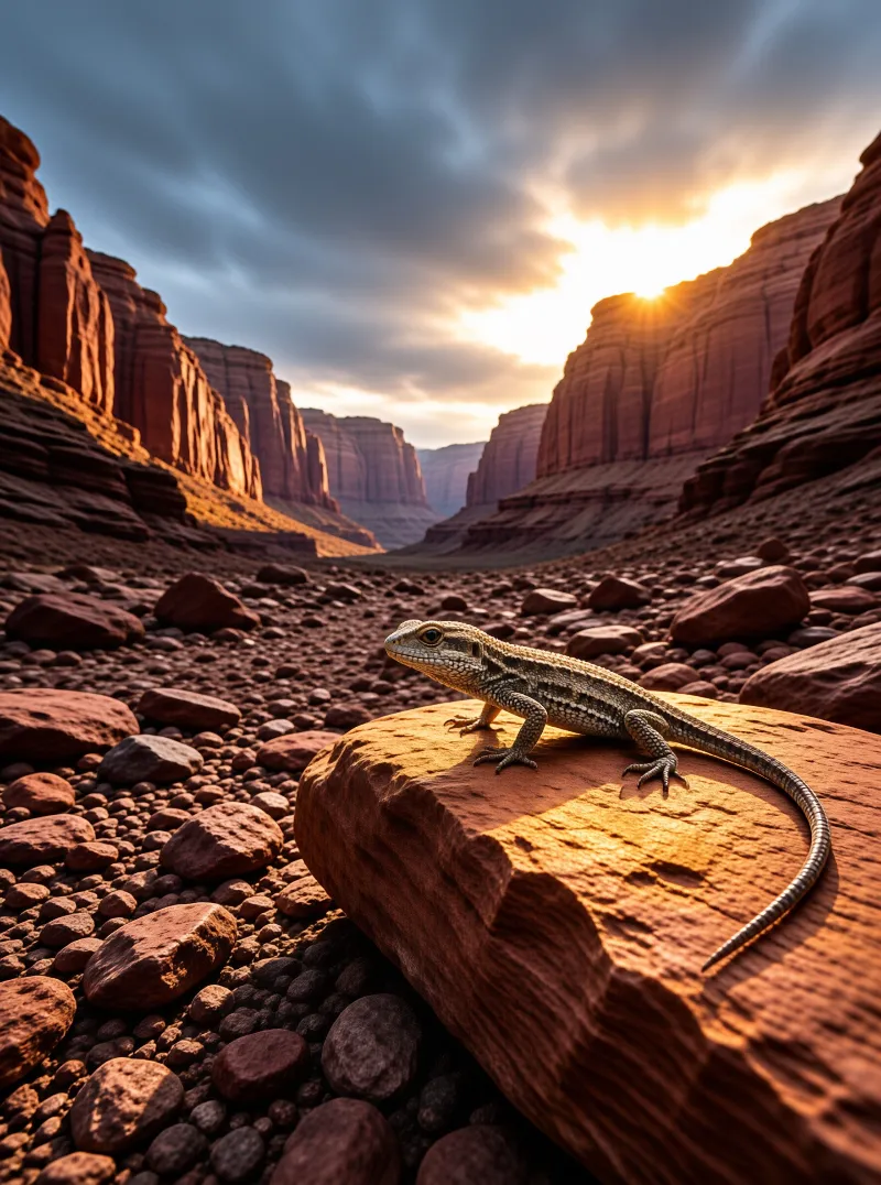 A lizard sits on a large red rock within a steep canyon while the sun sets behind the cliffs.
