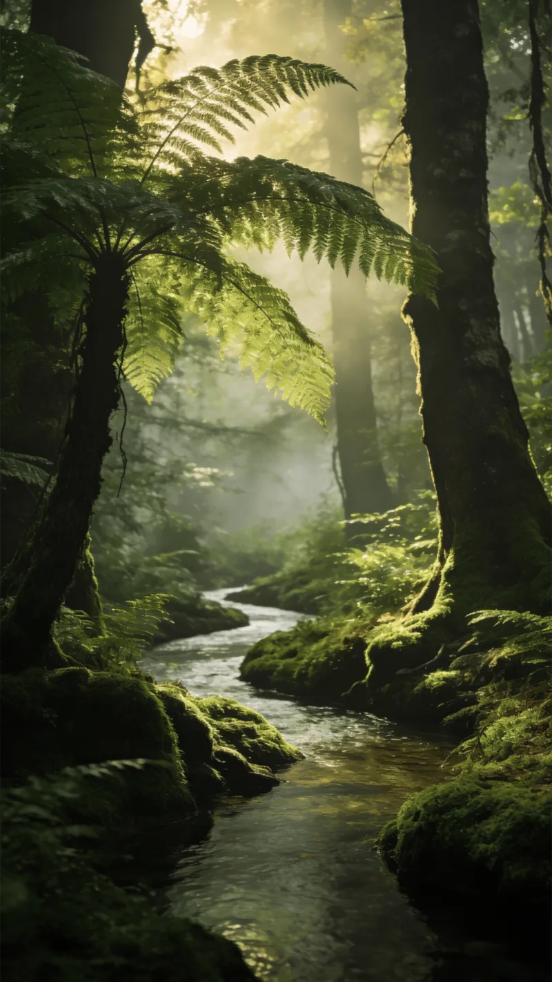 Soft Moss and Ferns in Morning Light