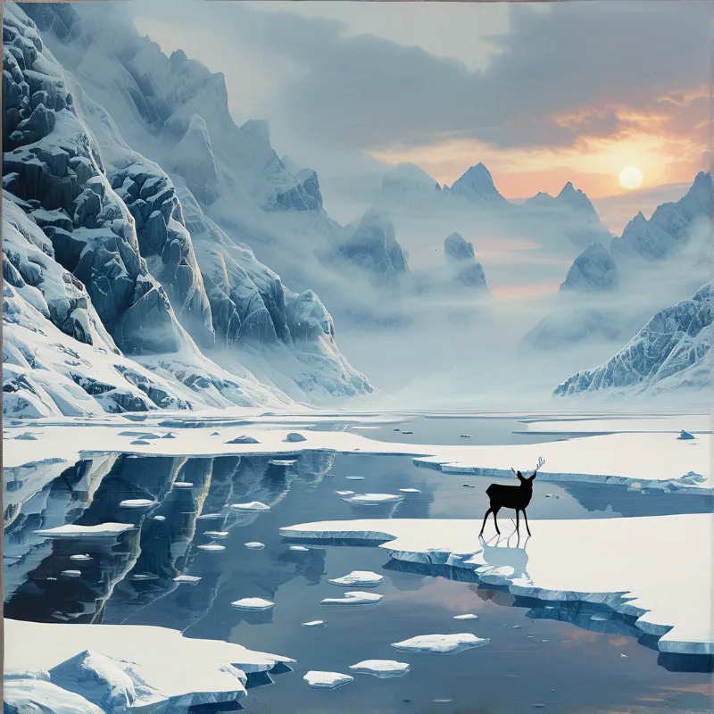 A solitary deer stands on a sheet of ice in a frozen valley as the sun sets behind jagged snowy peaks and drifting mist.