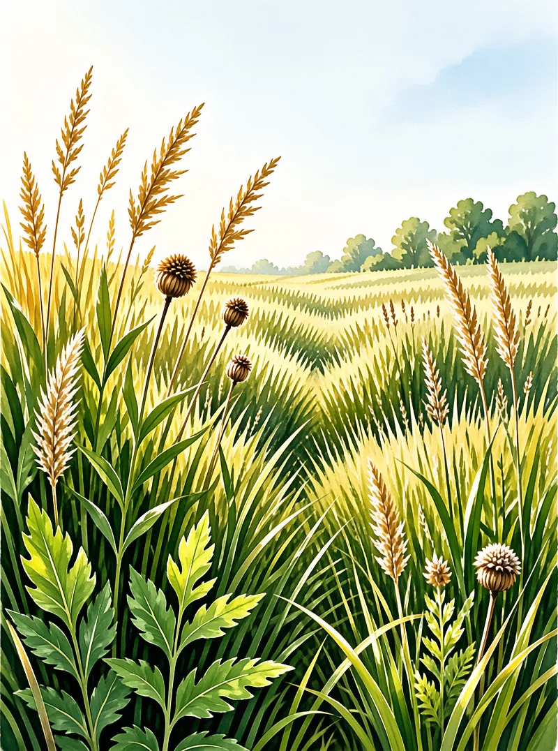 Green grass, ripening grain and dry thistle heads fill a field extending to a distant treeline, bathed in bright daylight.
