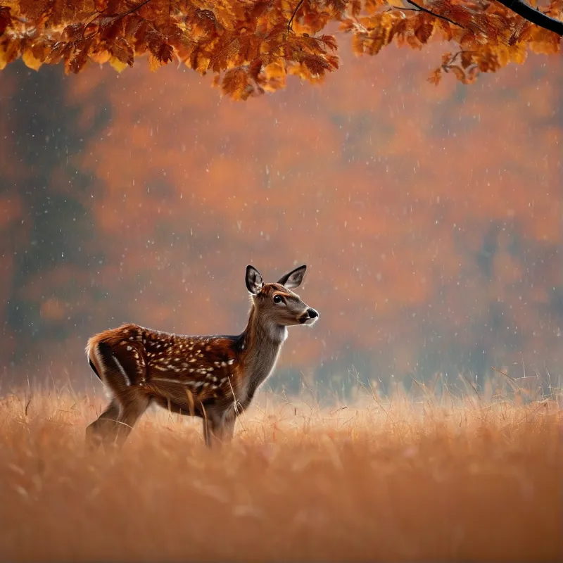A young spotted deer pauses in tall golden grass as fine rain falls through warm autumn leaves above.