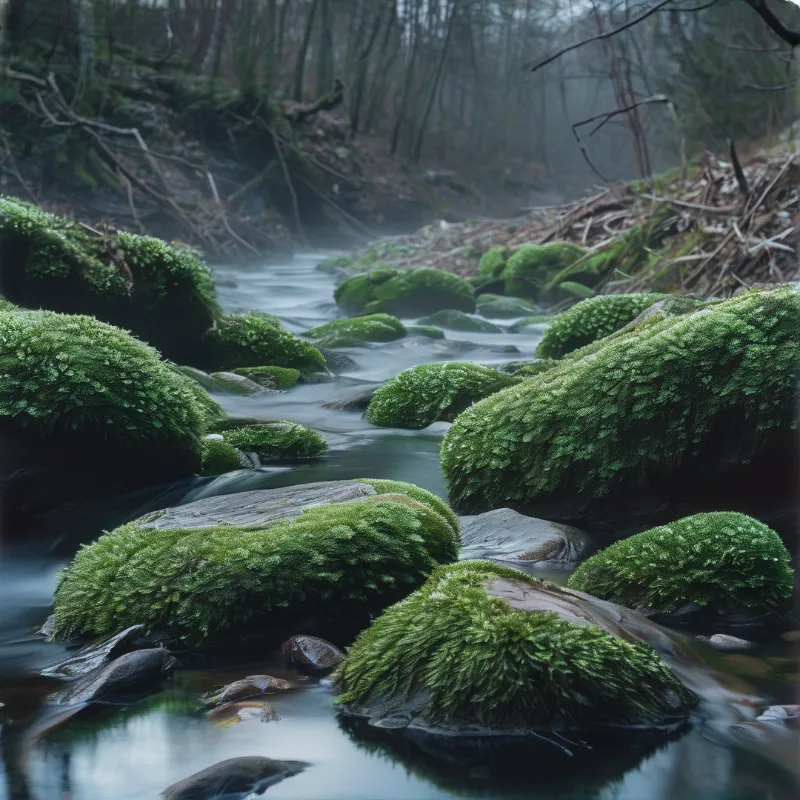 A tranquil stream flows through mossy rocks in a misty forest where long exposure softens the water into silky ripples.