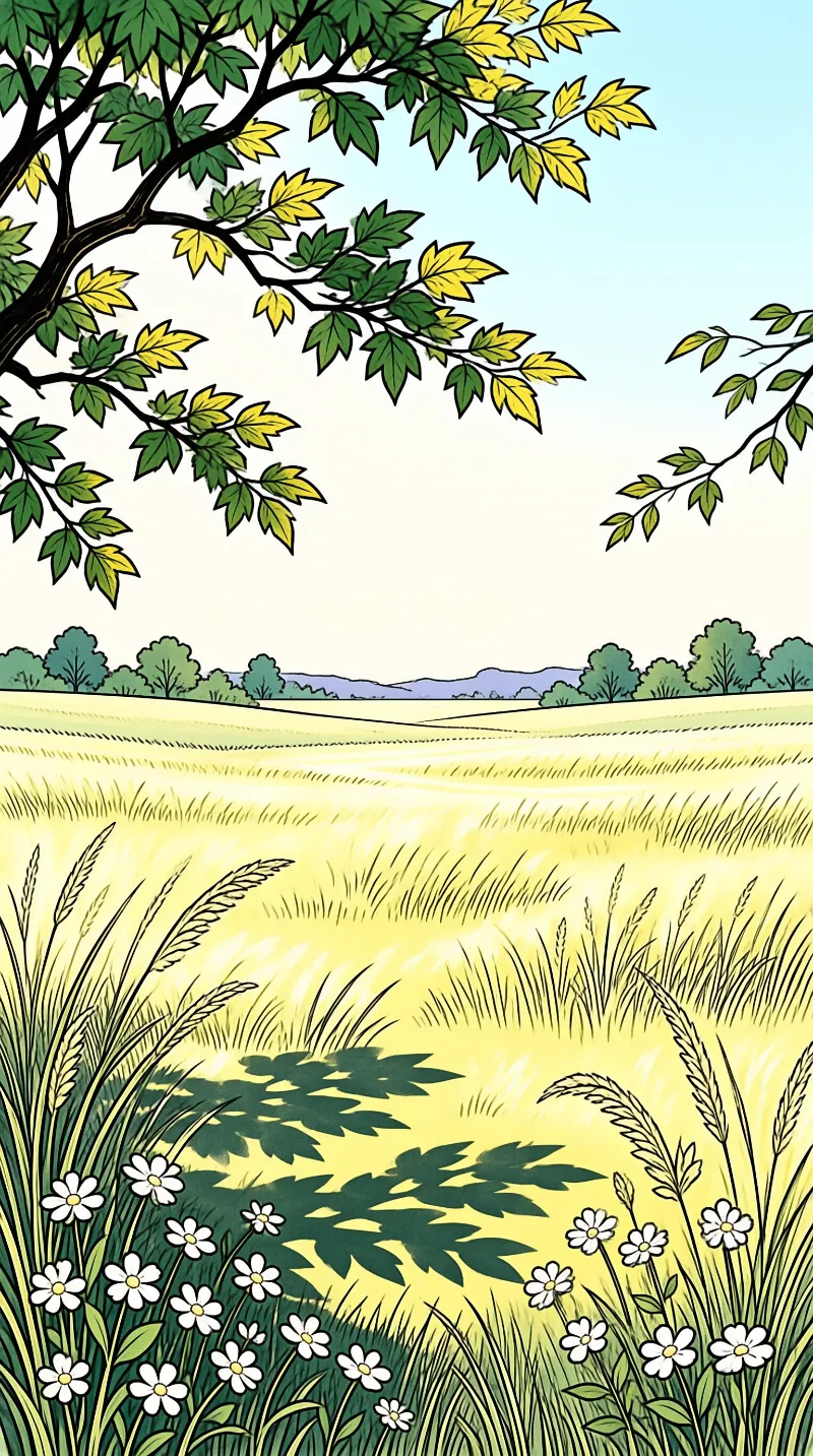 Stylized illustration of a golden grassy field dotted with white daisies, framed by yellow and green tree branches against a pale sky.