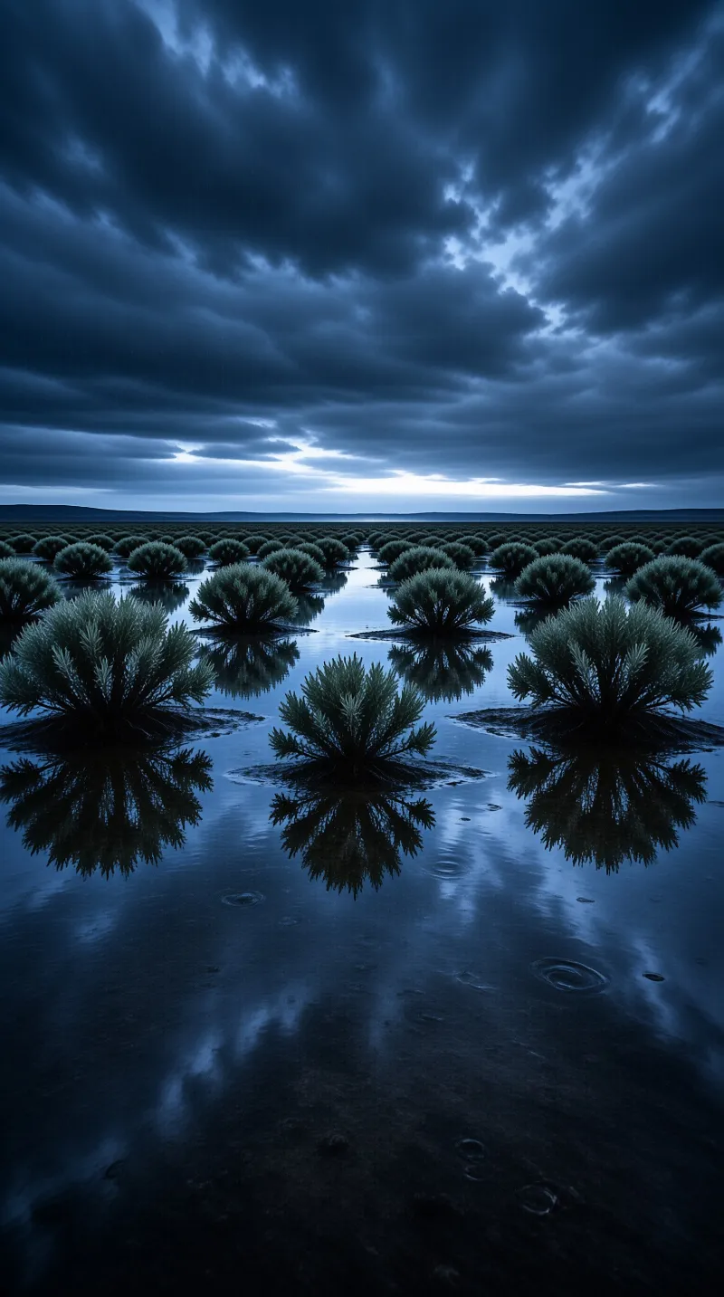 Circular green shrubs emerge from dark reflective water beneath a heavy overcast sky.