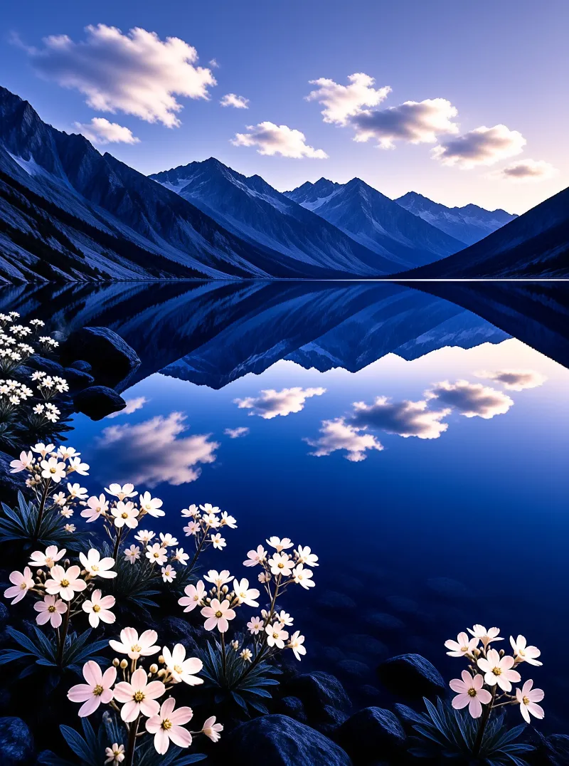 A calm alpine lake mirrors the blue peaks and clouds while white wildflowers bloom on the rocky shore in soft twilight light.