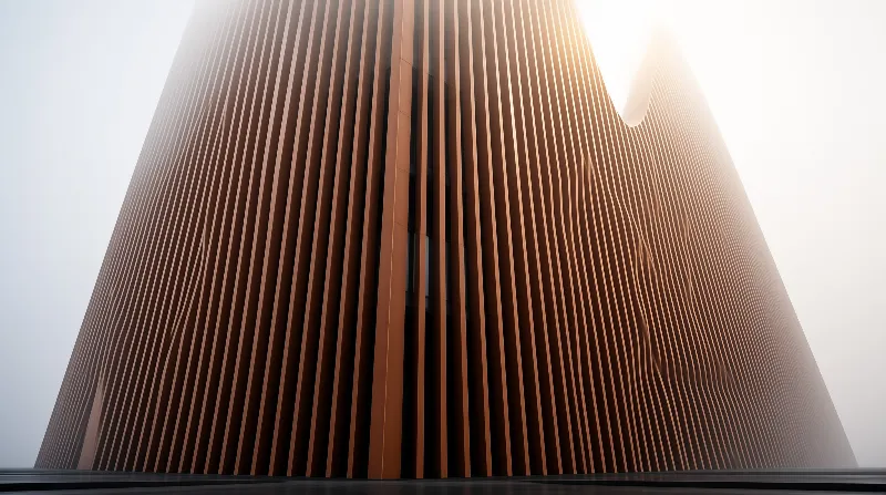 Looking up at a building covered in warm copper colored vertical fins rising against a bright sky.