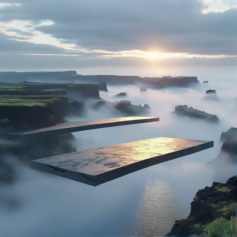 Two rectangular stone slabs float above a misty landscape of green cliffs, with soft sunlight highlighting their surfaces.