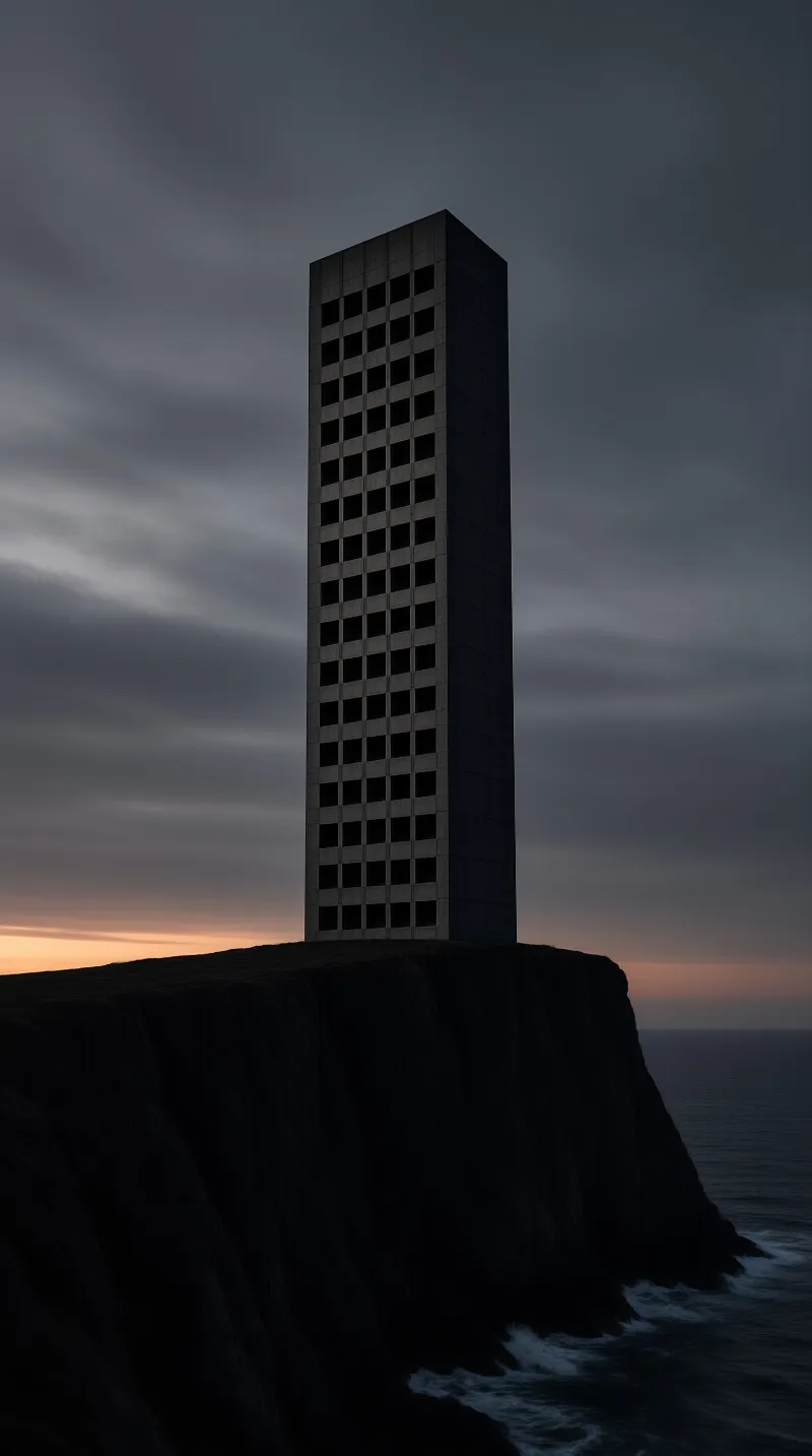 A dark monolithic tower with square windows stands on a cliff over the ocean beneath a cloudy sky with an orange horizon.