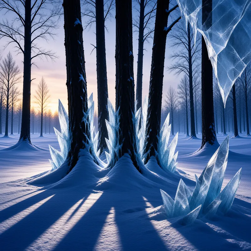 Translucent blue ice spikes rise from snow around dark trees in a forest bathed in cool blue light and warm horizon glow.