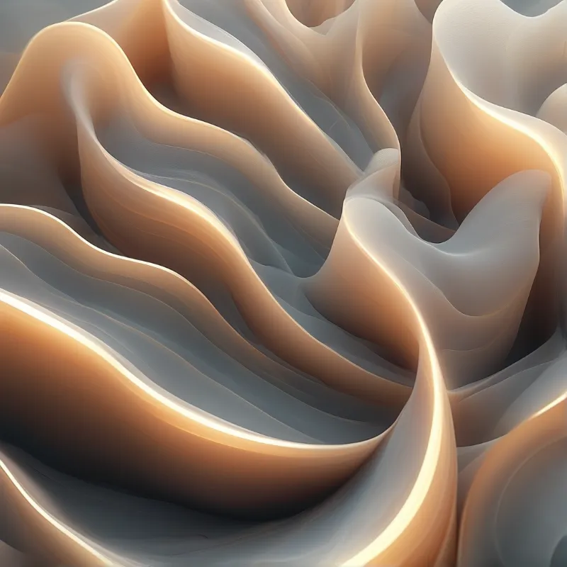 Layered matte bands curve upward like dunes, with peach-gold edges glowing against cool grey shadowed valleys.