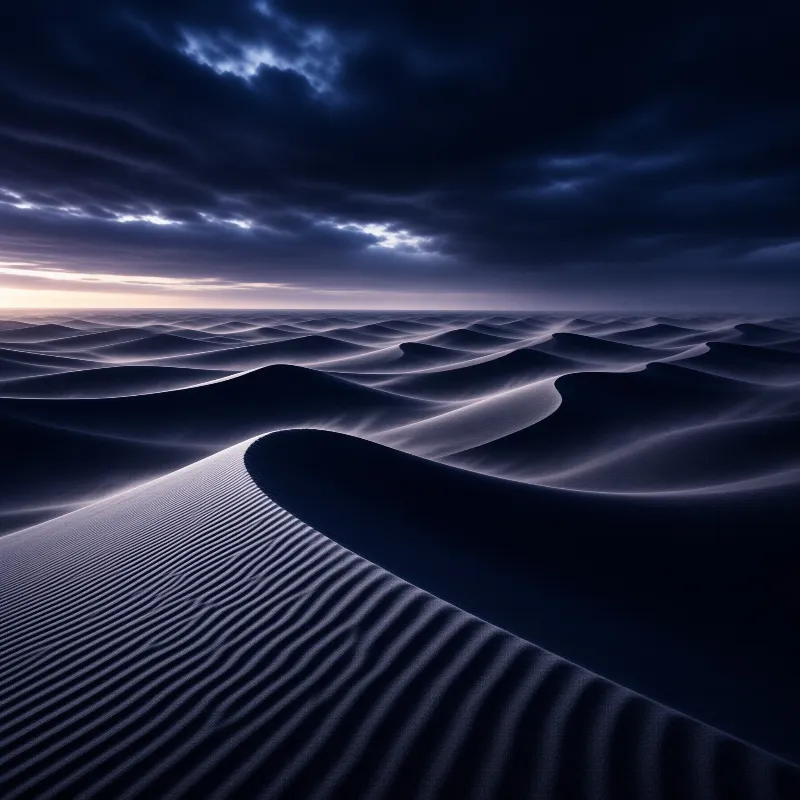 Rolling desert dunes stretch toward the horizon under a heavy dark blue sky with a faint glow at the edge.