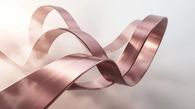 A long brushed metal ribbon in a warm rose tone spirals across a soft neutral white background with smooth light highlights.