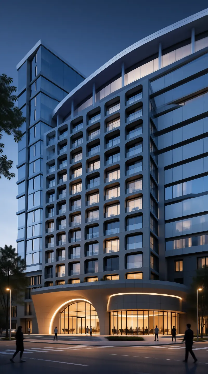 Curved Facade Tower at Blue Hour