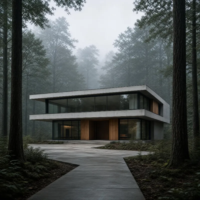 Modern Home in Misty Forest