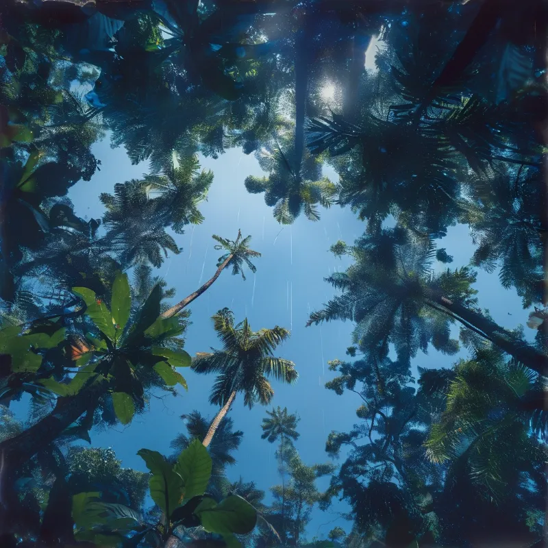 A low angle view looks up at tall palm trees and dense green foliage surrounding a patch of bright blue sky.