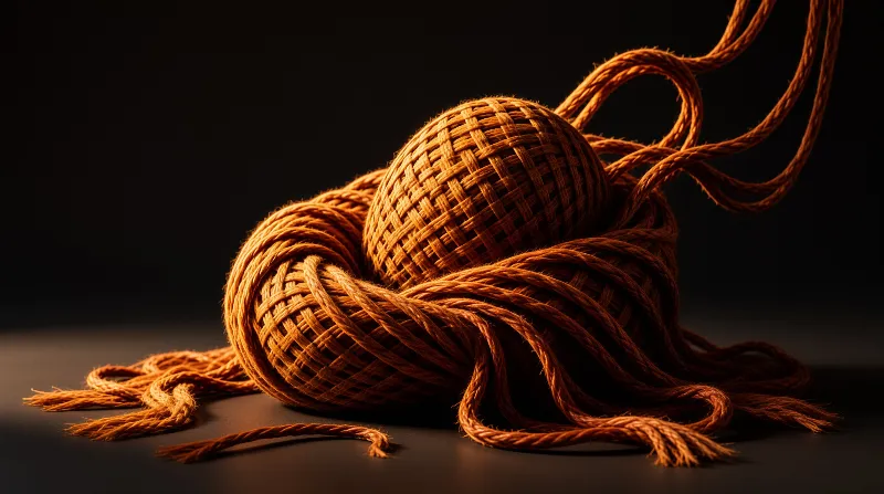 Braided fibre spheres rest on a dark surface while loose strands curl into shadow.