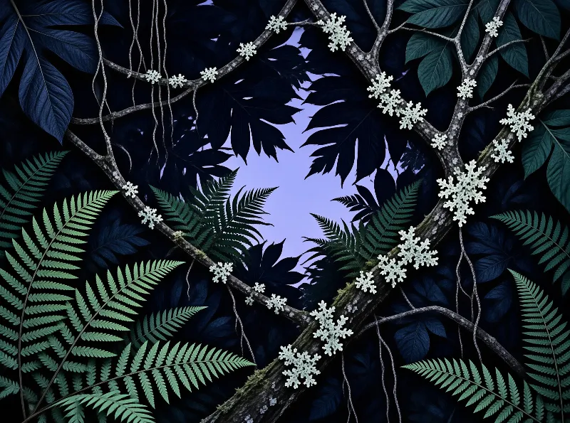 Shadowed dark forest branches bearing white lichen snowflake patterns frame a soft purple dusk sky between lush green ferns and deep green foliage.