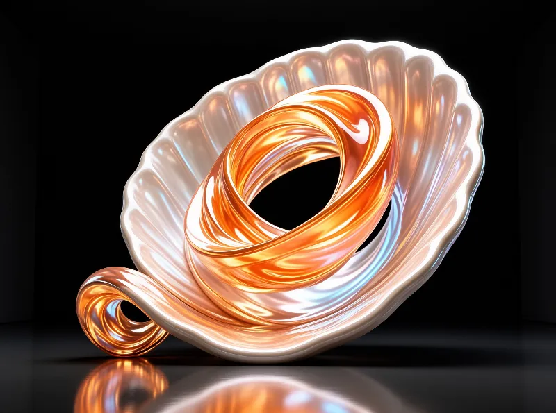 Glossy translucent orange loop rests on a ridged iridescent pearl shell against a plain black background.
