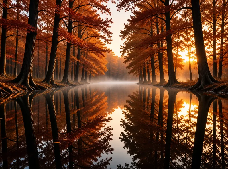 A row of orange trees stands along a calm river reflecting the warm sunrise light and misty atmosphere.