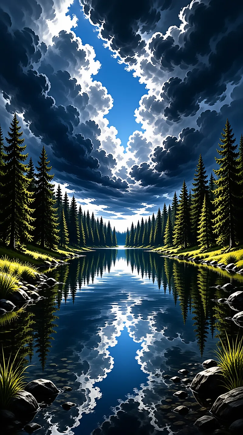 A calm river winds between tall evergreen trees while reflecting the cloudy blue sky.