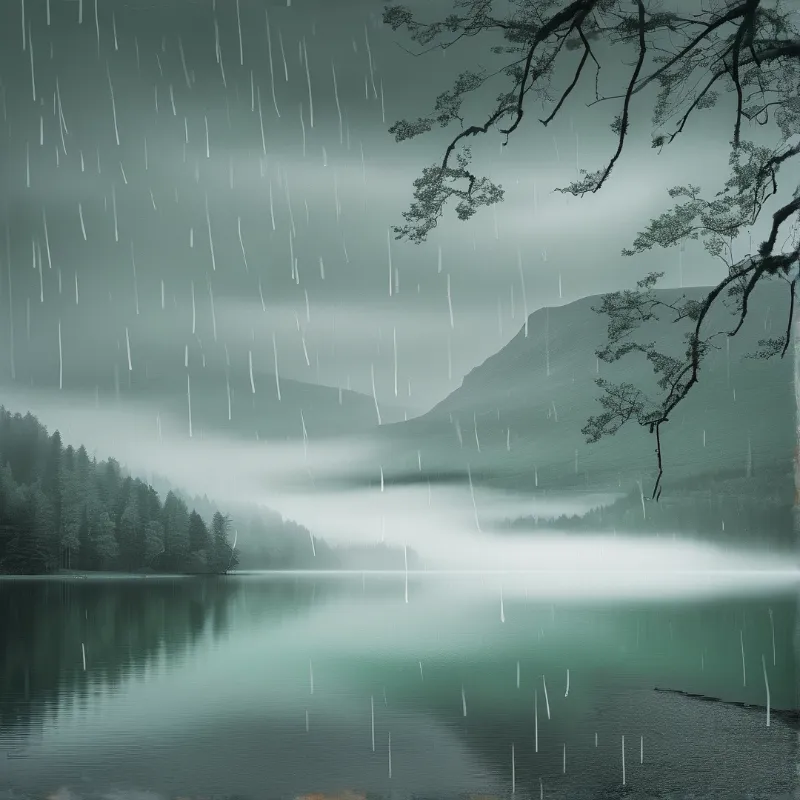 Rain falls over a calm lake framed by a hanging branch and misty mountains in monochromatic teal tones.