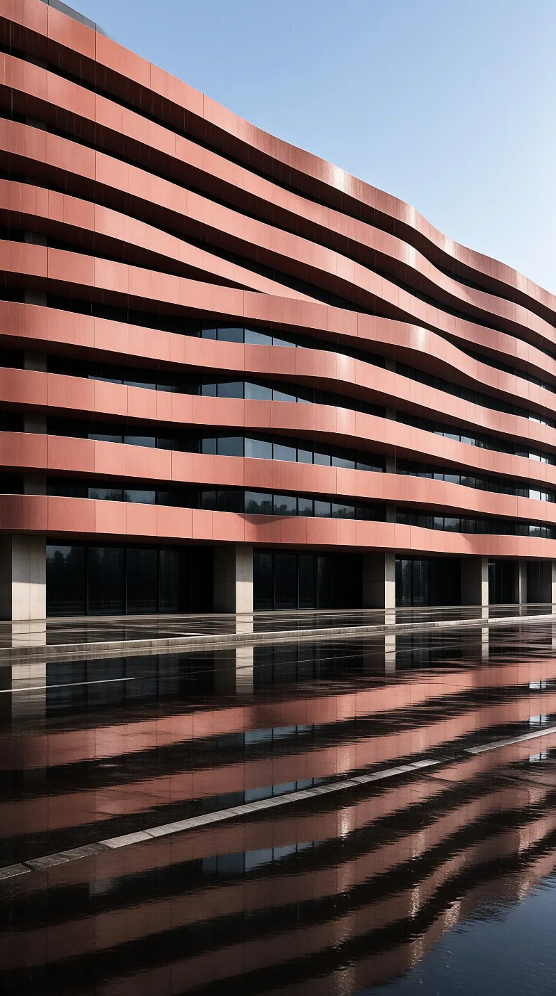 A red building with wavy horizontal panels stands beside a wet paved plaza that mirrors its shape under clear blue sky.
