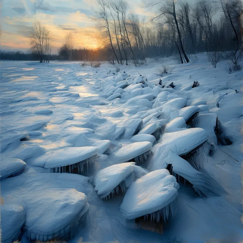 Snow-capped ice mounds line a frozen riverbank as bare trees catch the last golden light of dusk